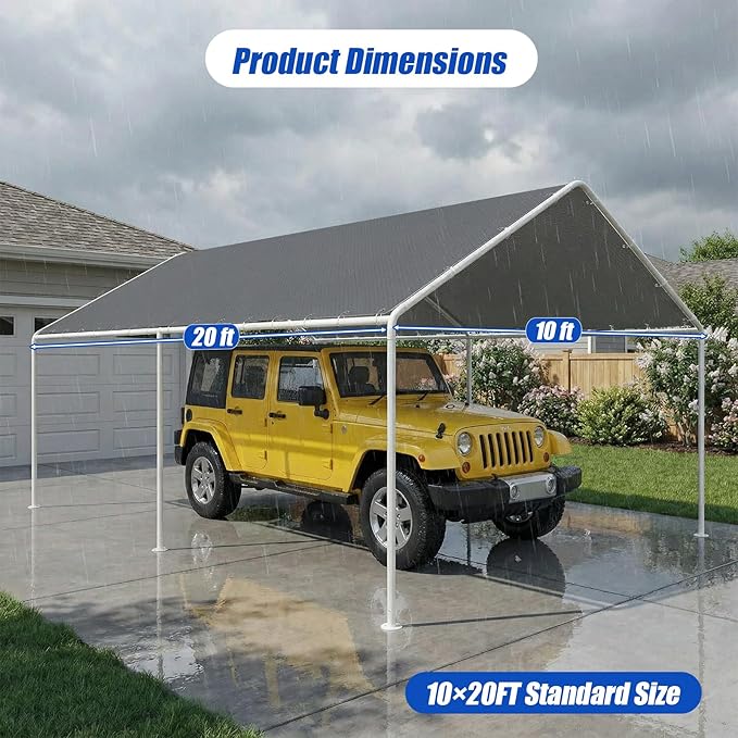 10x20Ft Carport Replacement Canopy Cover, Heavy Duty Waterproof Garage Top Shelter Cover Car Canopy with Ball Bungees (Gray, 10 * 20ft)