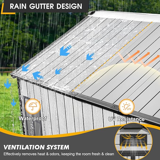 MELLCOM 8 x 10 FT Resin Garden Storage Shed with Floor and Lockable Door, Outdoor Storage Shed with Windows, Resin Tool Shed for Pool Supply, Lawnmower,Bike