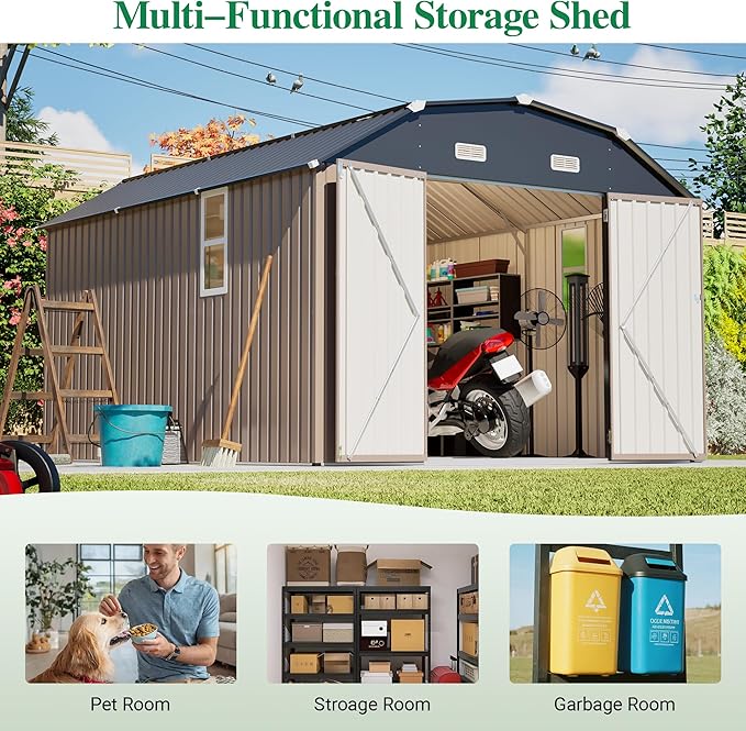 10×12 FT Outdoor Storage Shed,Heavy-Duty Metal Shed with Floor Base,All Weather Waterproof Tool Shed W/Diamond Roof & Windows,Lockable Double Door & 4 Air Vents,for Backyard,Patio,Lawn,Brown