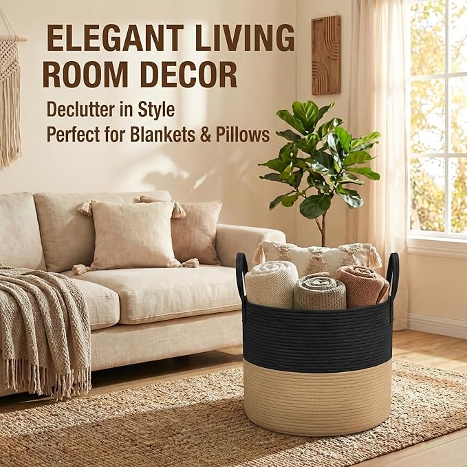 115L Extra Large Blanket Basket for Living Room - Woven Cotton Rope Laundry Hamper with Reinforced Handles - Storage Bin for Pillows, Comforters & Toys - Machine Washable,Black&Jute