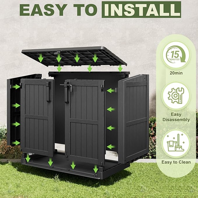 Plastic Outdoor Storage Shed, 36 Cu Ft Waterproof Outdoor Storage Cabinet with Dual Lock Door for Backyard, Patio, Garage, Garden to Store Tools & Accessories, Wood-Grain（Dark Black