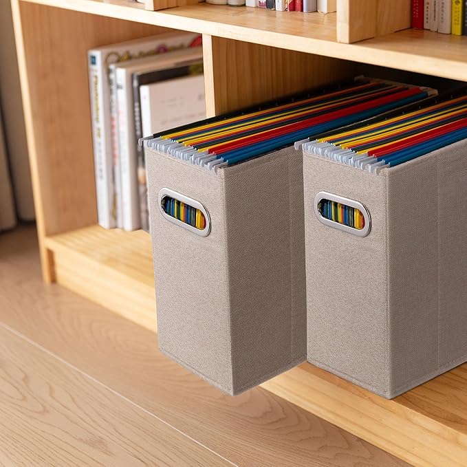 2 Packs Letter Size File Organizer, File Folders Organizer, Fabric Storage Box, Collapsible Paper Organizer with Metal Handle, Smooth PVC Rails, Only Box (Beige)