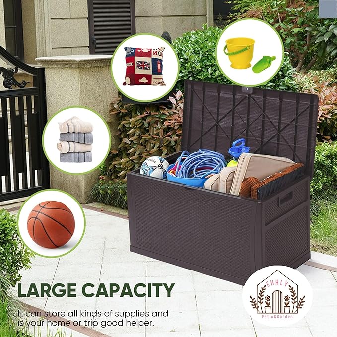EHHLY 121 Gallon Outdoor Storage Box Large, Lockable Outside Storage Containers Waterproof Patio Cushions Deck Boxes, Rattan Plastic Garden Hose Storage Boxes Resin Pool Storage Bins, Brown