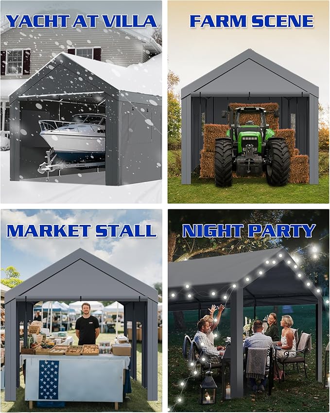 10x20ft Heavy Duty Carport, Waterproof UV Resistant Outdoor carports, Portable Garage Shelter with Rustproof Steel Frame, All Weather Protection for Vehicles Boats Equipment (Gray, 10x20ft)