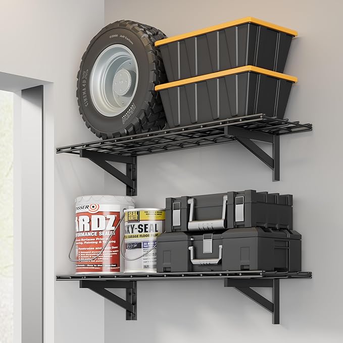2 Pack Heavy Duty Garage Wall Shelving Set (1x4ft), Wall Mounted Garage Shelves 700lbs Capacity, 12"x48" Shelf Storage Rack Floating Shelves, Black