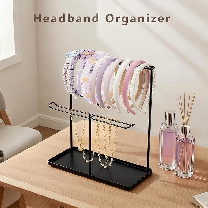 Headband Holder Organizer Metal 2-Tier with Tray, Necklace Storage Hairband Rack Hair Accessories Display Stand Stand Home Bedroom College Dorm Decor for Girls Women (Black)