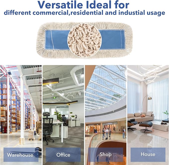 Matthew Cleaning 36'' Industrial Strength Cotton Dust Mop Refill Washable Replacement Heads for Residential & Commercial Use Fit Standard Dust Mop Frames, Hardwood, Concrete Floors Blue&White 6 Pack