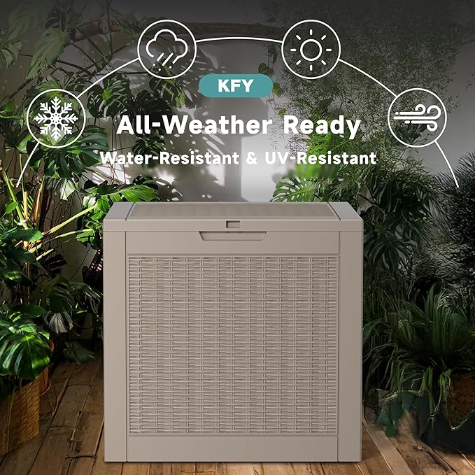 31 Gallon Waterproof Resin Deck Box, UV Resistant Outdoor Storage for Garden, Patio, Porch, Delivery（Grey，31 Gallon）