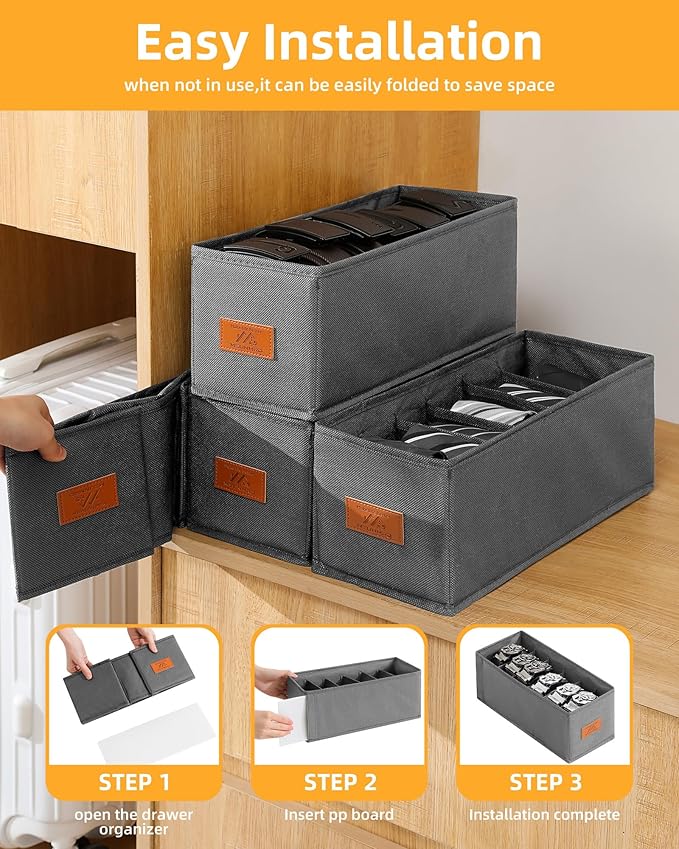 4 PCS Belt Organizer for Closet, 6 Grids Belt Holder, Washable Belt Box, Foldable Tie Organizer for Men, Belt Storage for Drawer (Grey, 13.38inch)