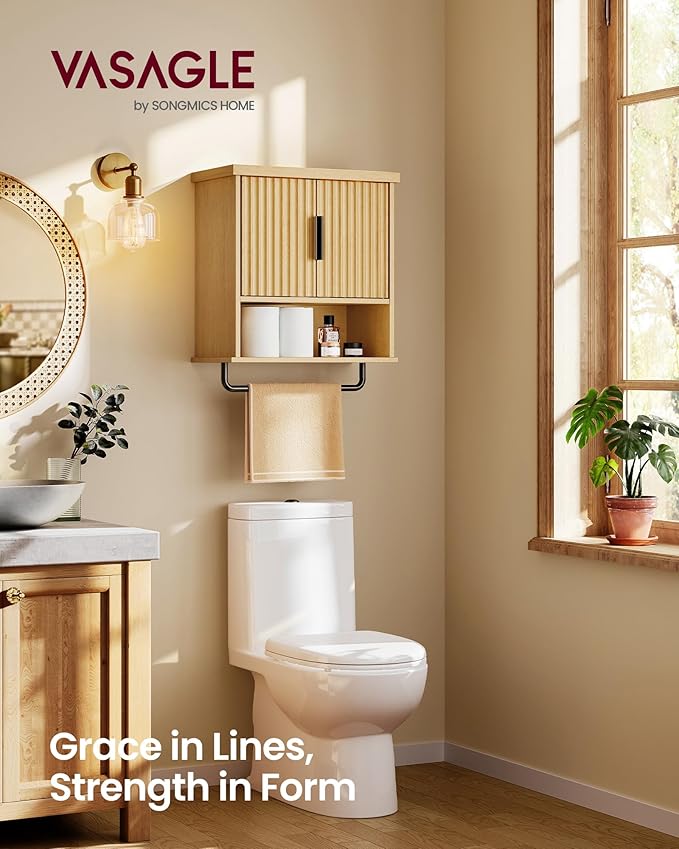 VASAGLE MAXE Collection - Bathroom Cabinet Wall Mounted, Over Toilet Hanging Cabinet with Adjustable Shelf, Towel Bar, Fluted Doors, 7.9 x 17.7 x 24 Inches, Transitional, Oak Beige UBBK137Y01S
