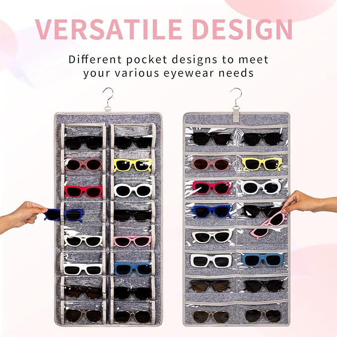 Dual Sided Sunglasses Storage organizer case, Eyeglasses Holder Wall Mounted with 32 Clear Slots & Metal Hook, Dust Proof Sunglasses Storage Case