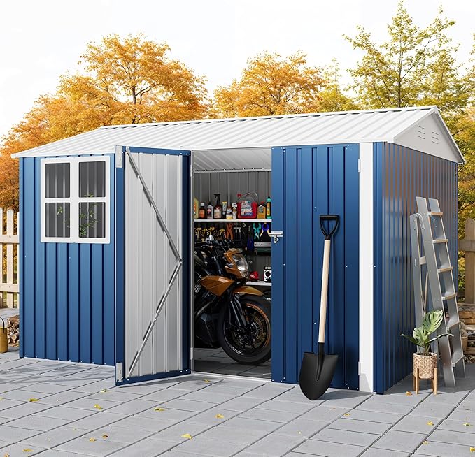 8x10 FT Outdoor Storage Shed,450CU.T Metal Tool Shed with Clear Window, Lockable Doors,Large Garden Storage Box with Sloping Roof，Sheds&Outdoor Storage for Backyard Garden Patio Lawn