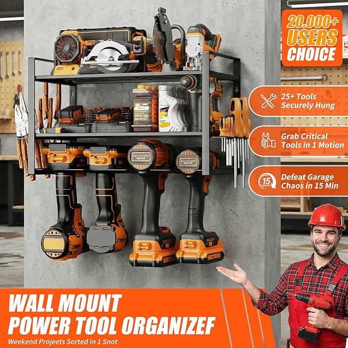 Power Tool Organizer, Wall Mount for 4 Drills, 3 Layer Duty Metal Tool Rack with Screwdriver and Hammer Holder, Work Shop,Garage Storage,150Lbs Load Capacity