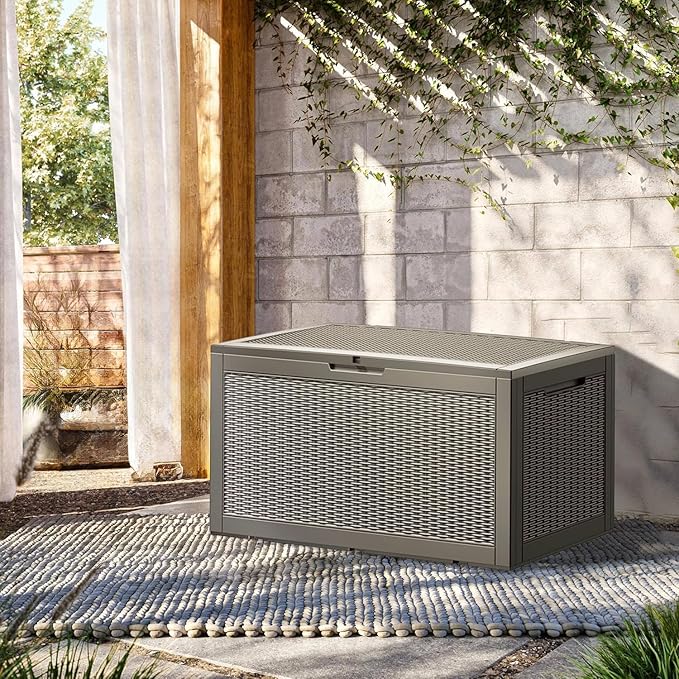 Outdoor Storage Box, 100 Gallon Resin Deck Box Waterproof for Patio Furniture, Garden Tools and Pool Accessories, Lockable UV-Resistant Storage Bin Bench Cabinet for Outside, Grey