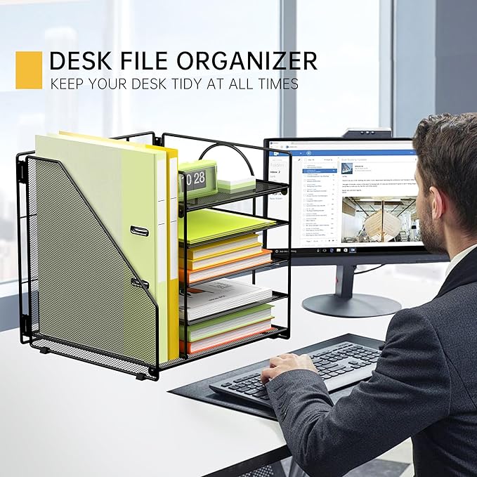 5 Tier Desk Organizer with Vertical File Holder, Desktop File Organizer for Office Home School, Black