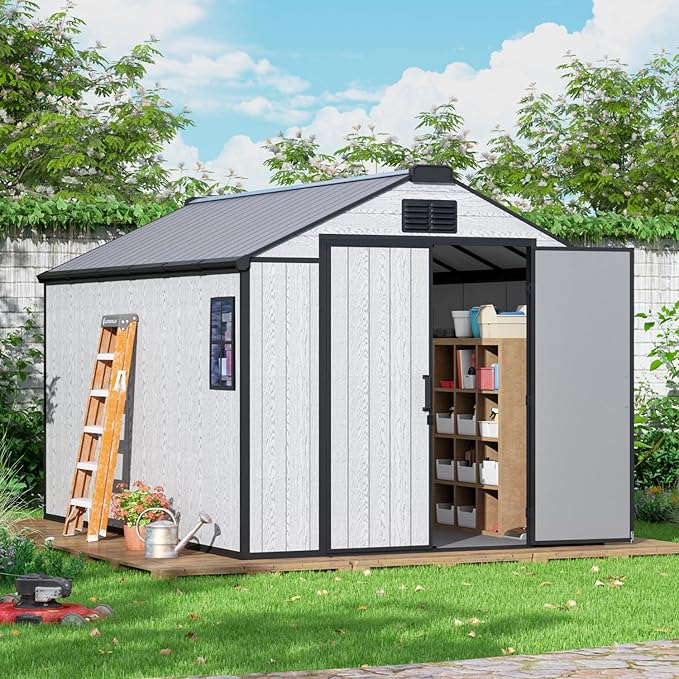 MELLCOM 8 x 12 FT Outdoor Resin Storage Shed with Floor, Garden Storage Shed with Windows and Lockable Door, Resin Tool Shed for Lawnmower,Pool Supply,Bike