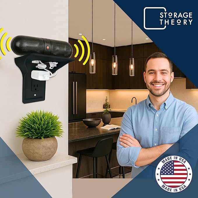 BeraTek Power Perch Wall Outlet Shelf with Cord Storage Strap - Declutter & Reclaim Bathroom Counter Space - Echo Dot Stand, Homepod Mini Wall Mount, Smart Home Devices Organizer - Black, 1-Pack