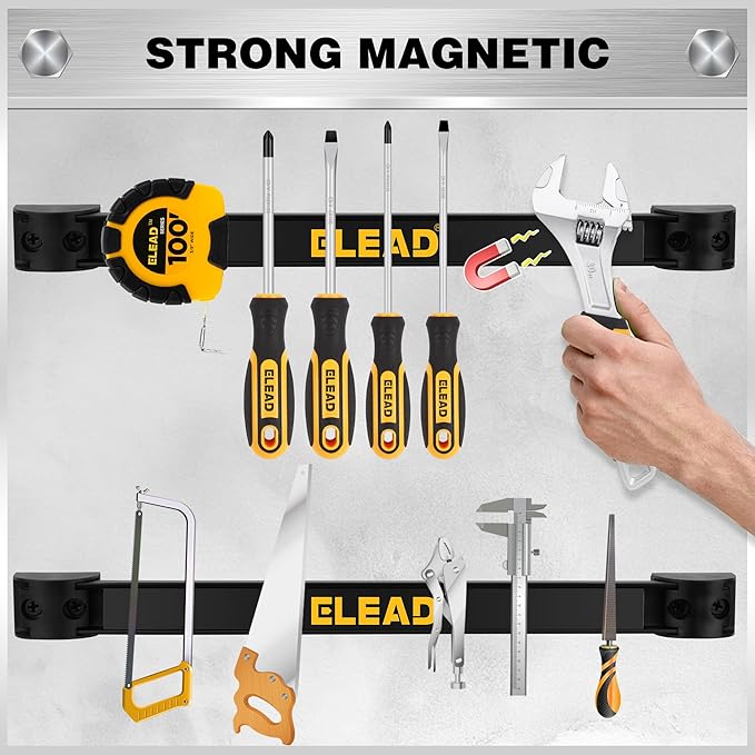 ELEAD 9-Piece 12" Magnetic Tool Holder Storage Organizer - Wall Mount Rack Garage Organization Power Magnet Hanger Workbench Board Slatwall Van Organizers Mounted Hanging Strip