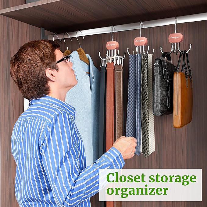 Cedar Wooden Belt Hanger, Belt Organizer for Closet,Rotatable Tie Rack,Belt Holder,Hanging Closet Storage Hook for Belt, Bra, Tank Top, Tie, Scarf, Purse, 3PCS