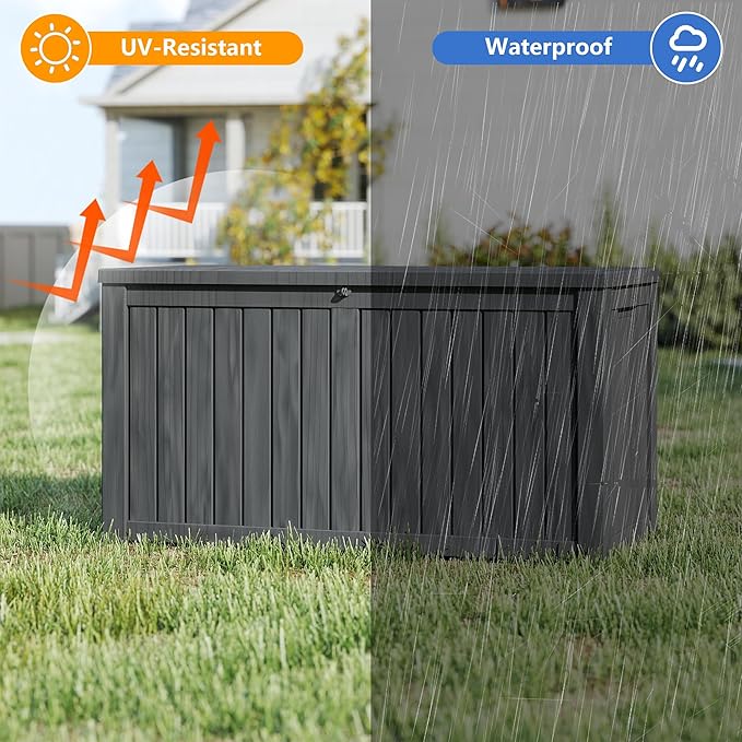 270 Gallon Resin Deck Box, Waterproof Outdoor Storage Box, Lockable for Patio Furniture, Garden Tools, Pool Accessories, UV-Resistant for All Weather Use, Black
