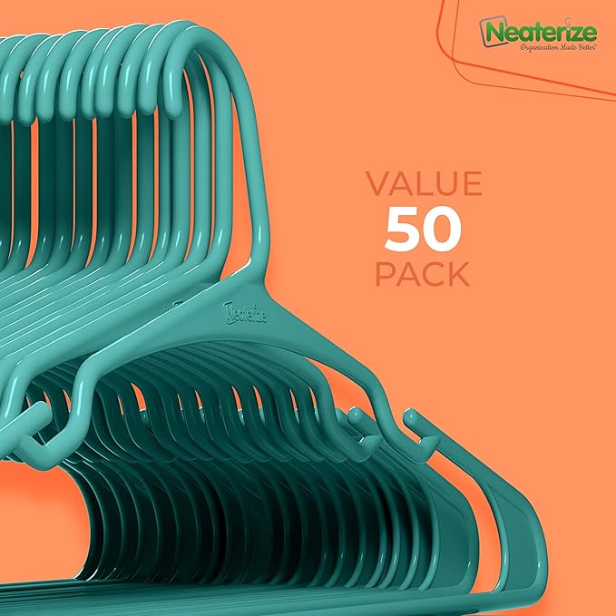 NEATERIZE Clothes Hangers Plastic 50 Pack for Adults - Plastic Hangers, The Perfect Coat Hanger and Space Saving Clothes Hangers for Closet, Percheros Ganchos para Colgar Ropa Hangars - Aqua Hangers