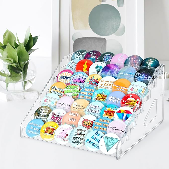 PACMAXI 7-Layer Transparent Button Pins Display Case, Large Capacity Storage Organizer for 35-60 Badges, Portable and Durable Display Box (No Button Pins Included) (7-Layers)