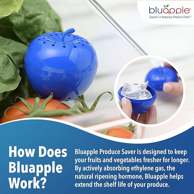 Bluapple Produce Saver Ethylene Gas Absorber - Fresh Fruit & Vegetable Storage for Refrigerator, Each Packet Lasts 3 Months, Produce Storage, BPA Free - Combo Pack (8 Packets & 2 Bluapples for 1 Year)