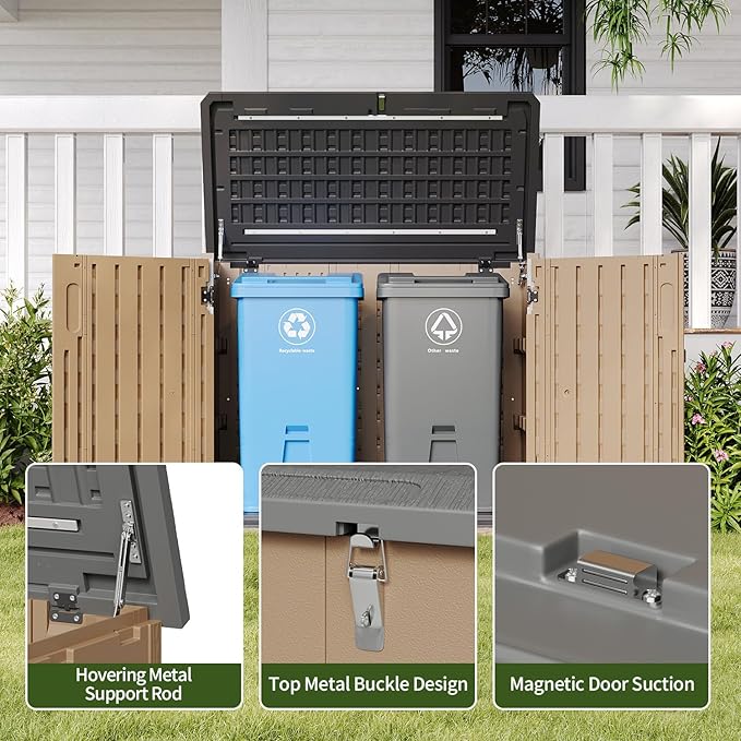 Aoxun Outdoor Storage Cabinet 35 Cu.Ft Outdoor Trash Can Storage Shed Waterproof Horizontal Storage Shed Outdoor Storage for Garbage Bin, Generator, and Lawn Mower (Brown)