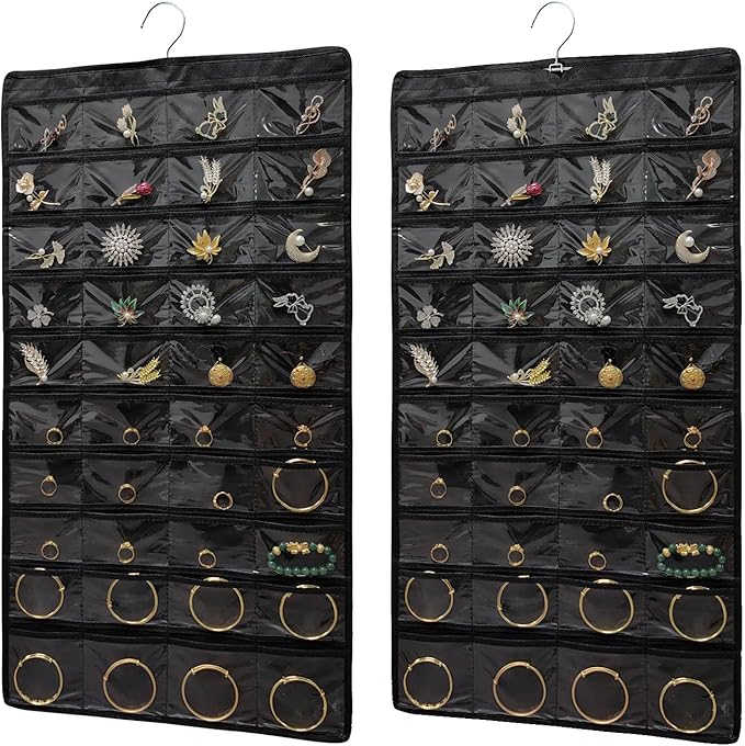 2 PACK (Each Pack 80 Pockets,Total 160 Pockets) Hanging Jewelry Organizer with Hanger Metal Hooks Storage On Wall Door Closet Double-Sided Jewelry Holder for Earrings, Necklaces, Rings (2 Pcs Black)