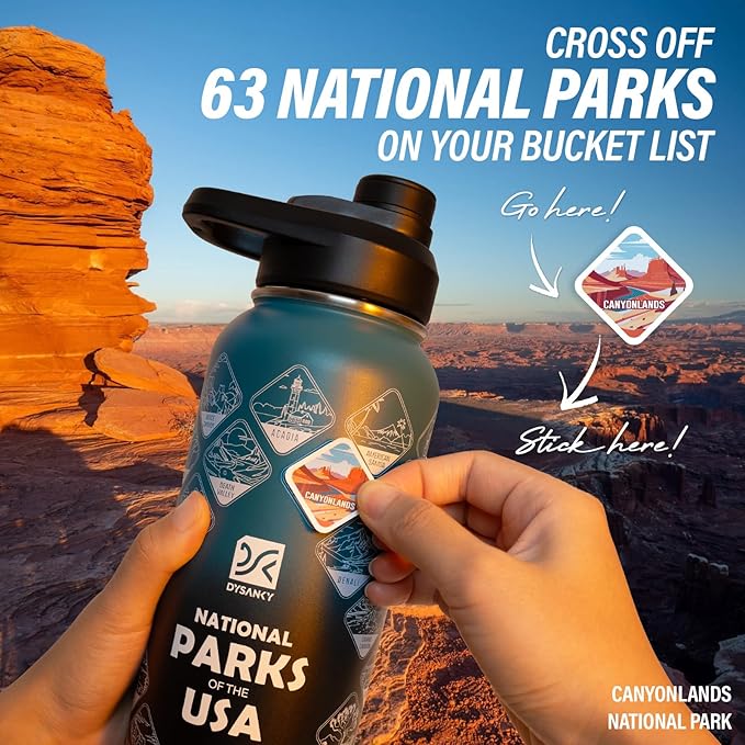 National Parks Water Bottle – 40 oz Insulated Stainless Steel Bottle with 63 Hand-Drawn Park Stickers, Carrier Bag, Strap & Gift Box – BPA-Free – Ideal for Hiking, Camping & Travel