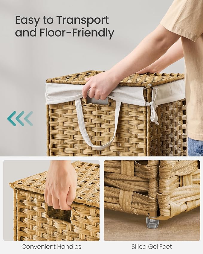 SONGMICS Laundry Hamper with Lid, 9.5 Gallon (36 L) Synthetic Rattan Clothes Laundry Basket with Lid and Handles, Foldable, Removable Liner, Goose Yellow ULCB136Y01