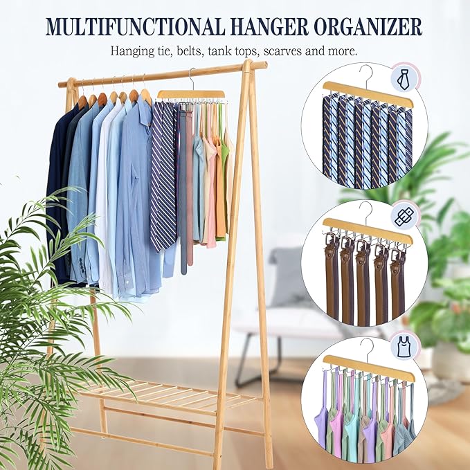Tie Rack Belt Hanger for Closet Fitnice Upgraded Non Slip Tie Hanger Space Saving with 20 Foldable Hooks Wooden Belt Tie Organizer for Tank Tops Bras Cami Scarves