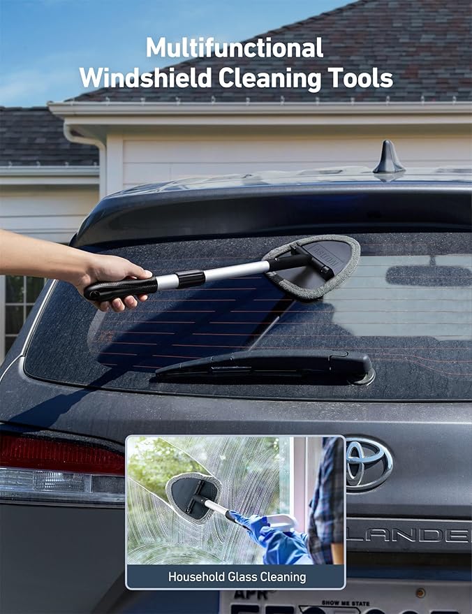 AstroAI Windshield Cleaning Tool, Car Window Cleaner Windshield Cleaner with 8 Reusable and Washable Microfiber Pads and Extendable Handle Auto Inside Glass Wiper Kit, Gray, 2 Pack
