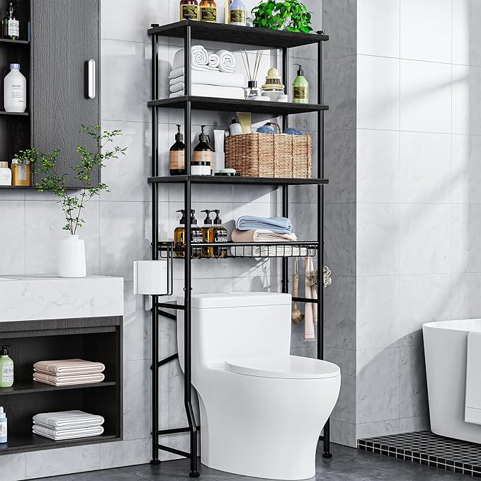 Over-The-Toilet Storage Rack, 4-Tier Bathroom Organizer Shelf Over Toilet with Adjustable Shelf and Basket, Freestanding Space Saver Bathroom Shelves Above Toilet for Room (Black)