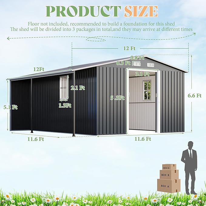 Jocisland 12x12x6.6 FT Galvanized Metal Storage Shed with Open Firewood Storage, Sliding Doors & Ramp, 2 Windows & Vents, Weather-Resistant Outdoor Tool/Garden Shed, Dark Grey/White