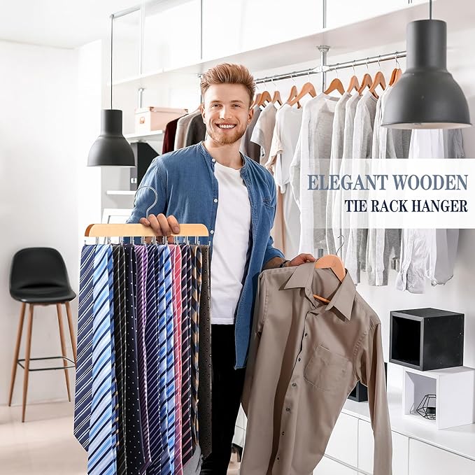 Tie Rack Belt Hanger for Closet Fitnice Upgraded Non Slip Tie Hanger Space Saving with 20 Foldable Hooks Wooden Belt Tie Organizer for Tank Tops Bras Cami Scarves