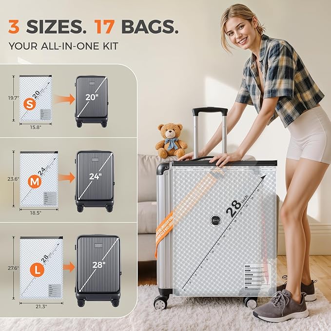 Nicetree 17-Pack Vacuum Storage Bags with Rechargeable Wireless Pump | 3 Sizes (20/24/28 Inch) Travel Vacuum Seal Bags for Clothing, Bedding & Seasonal Storage | Space Saver for Luggage