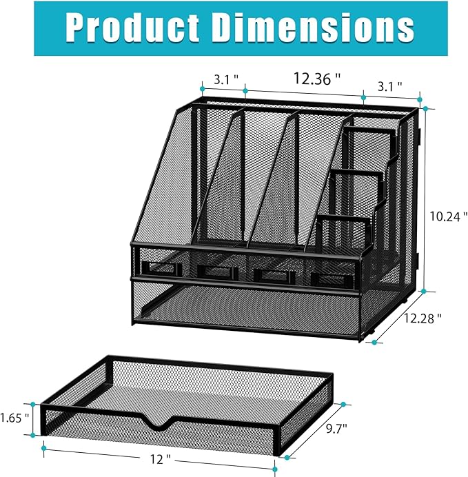 Sinboun Desk File Organizer, 4 Vertical Compartments Rack + 4 Pen Holders + Drawer File Organizer, Metal Desk Magazine Folder Holder for Office, Home, School, Black