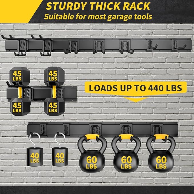 48" Garage Tool Organizer Wall Mount, 440lbs Garden Garage Storage Garage Organization with Adjustable Heavy Duty Hanging Hooks, Yard Rack Hanger System Shovel Rake Broom Ladder Holder, Men Gift