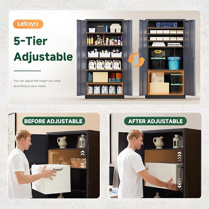Letaya Metal Storage Cabinets with Lock Door and 5 Adjustable Shelves, Steel Garage Tool Organization Cabinets for Home,Utility Room, Warehouse,Lockers(71"-Black Gray) | Lock Door, 5 Adjustable Shelves, Garage, Lockers