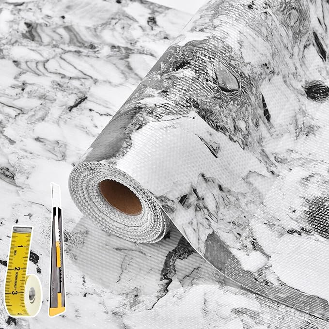Drawer and Shelf Liner for Kitchen Cabinet: 17 in X 30 Ft Non Slip Waterproof Shelf Paper Non Adhesive Refrigerator Liners Grey and White Marble Easy Liners for Bathroom with Knife Tape Measure