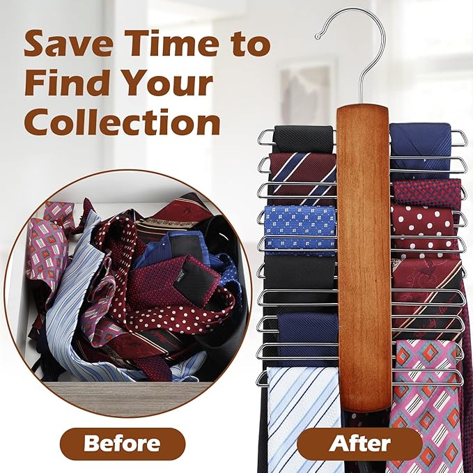 4 Pieces Tie Hanger for Men Wooden Necktie and Belt Hanger Wooden Tie Rack Holder Walnut Center Organizer and Storage Rack Finish 20 Hooks Space Saving Organizer for Closet(Archaize Color)