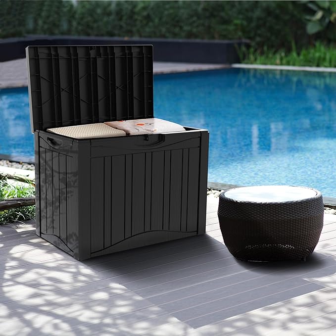 50 Gallon Lockable Resin Outdoor Storage Box, Waterproof & Weather Resistant Deck Box for Patio Cushion, Garden Tools & Pool Accessories, Black