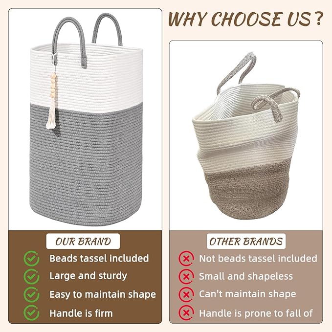 Woven Laundry Basket for Clothes, 100L Large Rectangle Laundry Hampers with Beads Tassel, Nursery Storage Basket for Toys, Tall Dirty Clothes Hamper for Bedroom Aesthetic, Laundry Room Organization