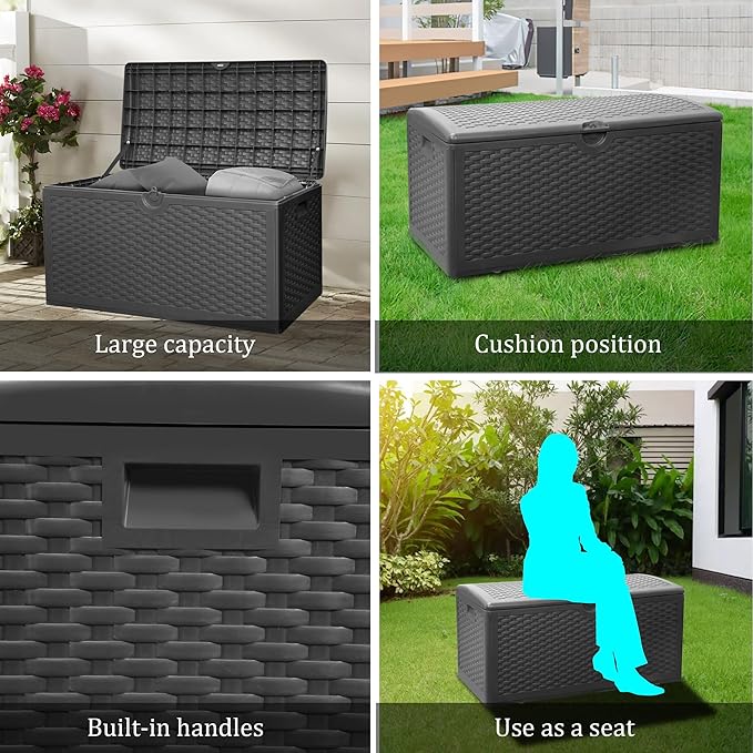 Outdoor Storage Box, 90 Gallon Lockable Resin Deck Box Waterproof, Patio Storage Bin for Furniture Cushion, Garden Tools and Pool Accessories, UV-Resistant Bench Cabinet for Outside, Black