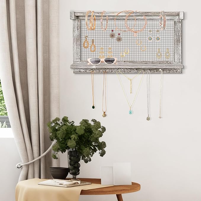 Rustic Wall Mounted Jewelry Organizer with Removable Bracelet Rod & Shelf - Multi-Functional Earring Holder, Necklace Organizer and Bracelet Stand with Hooks for Jewelry Storage and Display (2)