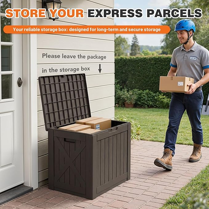 42 Gallon Outdoor Storage Box, Lockable Resin Deck Box for Patio, Yard, and Poolside, Waterproof & Sunproof Organizer for Furniture, Tools, Pool Supplies, Brown