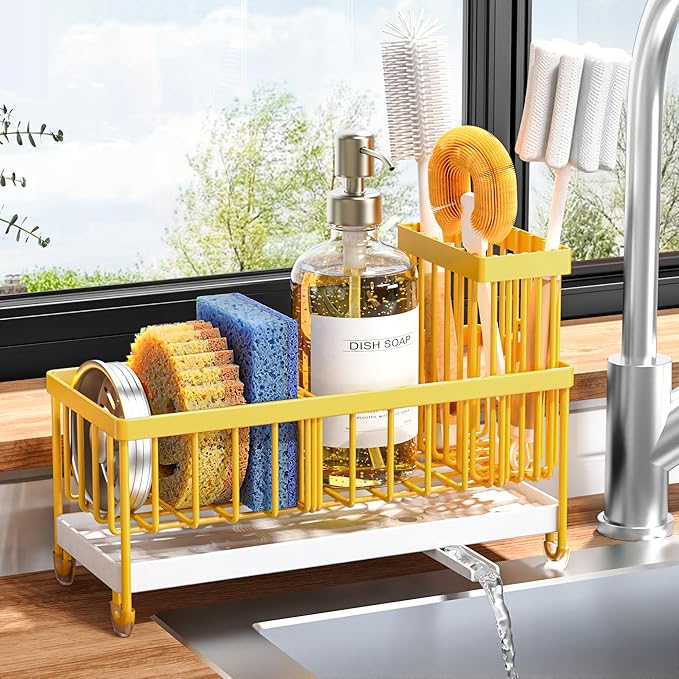 Cisily Sponge Holder for Kitchen Sink, Sink Caddy Organizer with High Brush Holder, Kitchen Countertop Organizers and Storage Essentials, Rustproof 304 Stainless Steel (Yellow, 9.25″)
