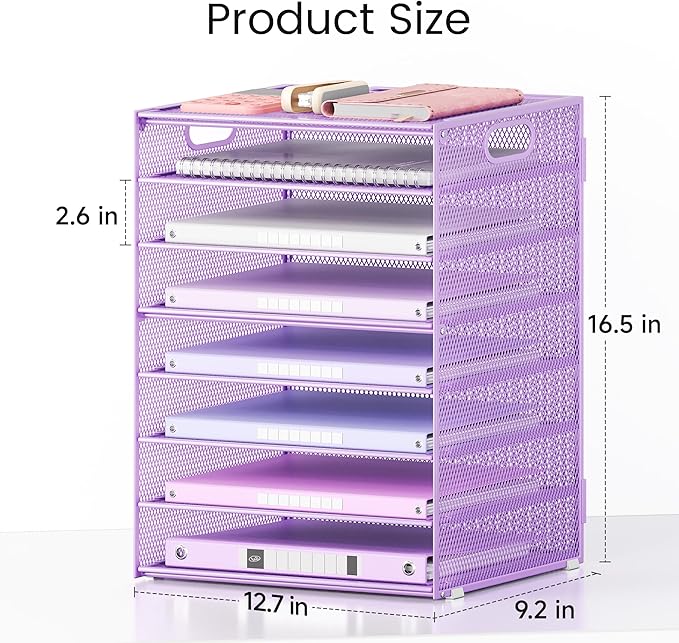 Lavatino 2 Pack 8-Tier Office Desk File Organizer, Letter Tray Paper Organizer with Handle, Including 5 Adjustable Slide Trays for Organizing Desk Workspace Accessories and Supplies (Purple Mesh)