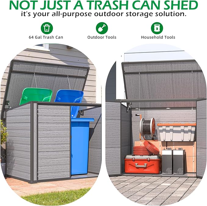 U-MAX Resin Outdoor Trash Can Storage Shed with Reinforced Floor, Plastic Garbage Can Shed for 2x64 Gal Cans, Waterproof Outdoor Horizontal Storage Box Cabinet Sheds & Outdoor Storage Clearance